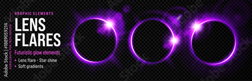 Purple halo aura flare light circle fantasy neon 3d space for a digital background with a bright glow and energy. Planet line moon round design smoke effect magic tech vector shape ball star.