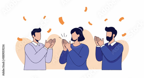 Cartoon illustration of people applauding, clapping amid confetti celebration, joyful view