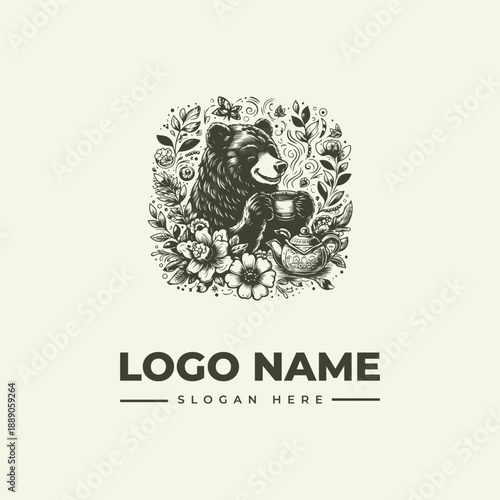 A vintage woodcut-style illustration of a bear surrounded by floral elements and foliage, forming a logo with a placeholder name and slogan on a cream background.