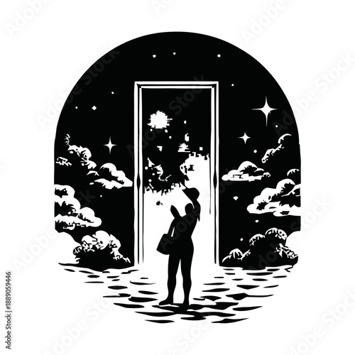 Romantic silhouette of a man and woman with a girl under the moonlit night sky