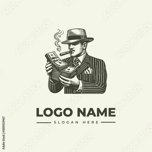 Vintage engraving of a man in a suit and hat holding a briefcase and smoking a cigarette with a logo name and slogan on a beige background.