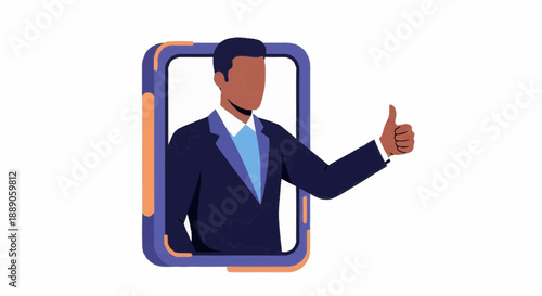 Cartoon Man Giving Thumbs-Up Gesture with Hand in Suit, Front View, Plain Backdrop Illustration of Approval