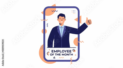 Celebrated Employee of the Month Shines on Smartphone Banner with Thumbs-Up Pose in Formal Suit, Smiling