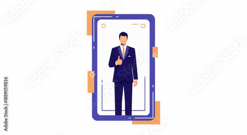 Man gives thumbs-up on smartphone screen, modern tech approval interaction in a large device view