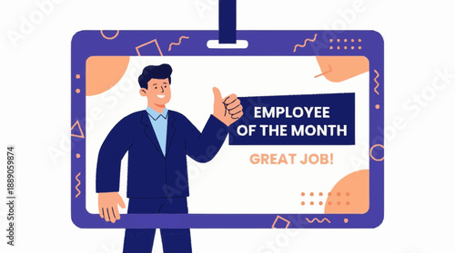 Celebrating an Employee Award with a Cartoon Man in a Suit, Giving a Thumbs-Up on a Purple Badge in a Digital Illustration