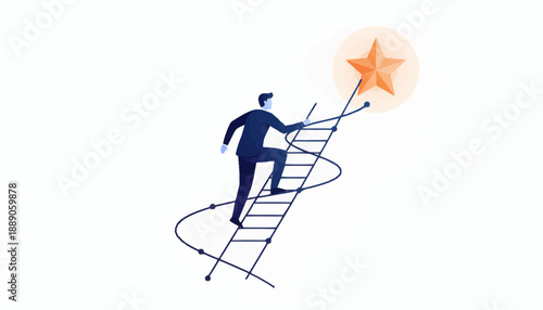 Determination Climber Reaches Star on Ladder in Upper Right Corner, Symbolizing Success Progress Aspiration from Right Facing View in White Background