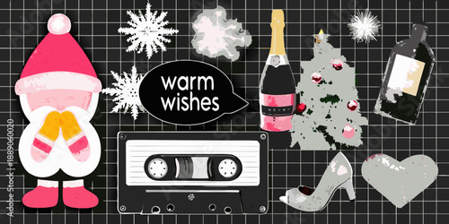 Festive collage featuring santa champagne and retro new year s elements