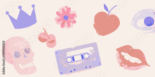 A playful collection of hand drawn icons crown flower apple and more