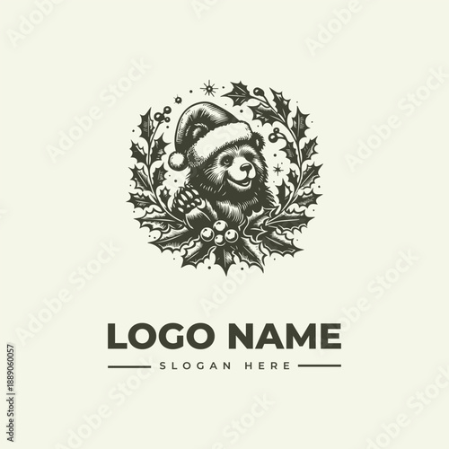 A vintage engraving style illustration of a smiling bear wearing a Santa hat, surrounded by holly leaves and berries on a cream background, with a logo and slogan text below.
