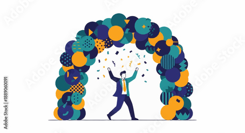 Business Man in Blue Suit Raises Arms Under Colorful Archway with Confetti, Captured in Cartoon Illustration