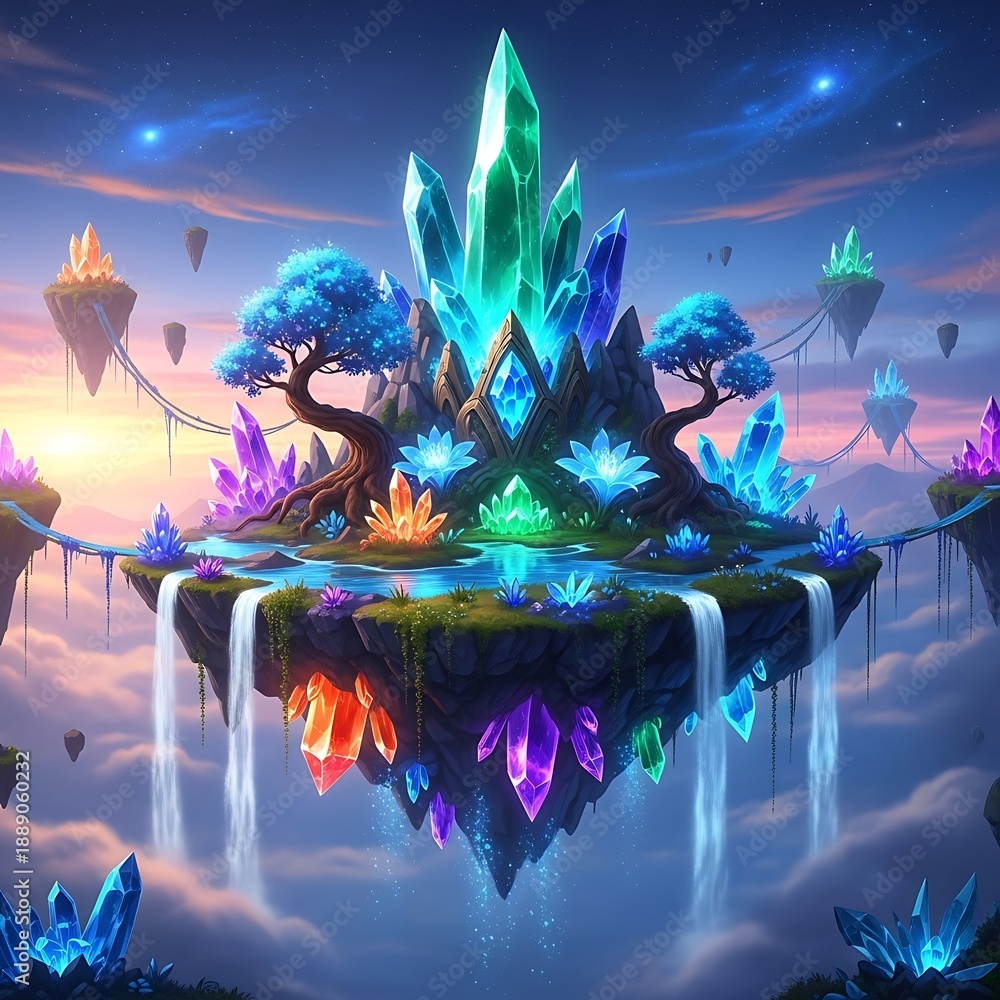 Fototapeta premium Enchanting Floating Island Oasis with Crystalline Wonders.