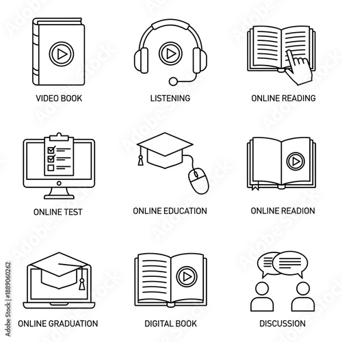 Online education and digital learning line icons set for distance university webinar and video e-learning courses vector