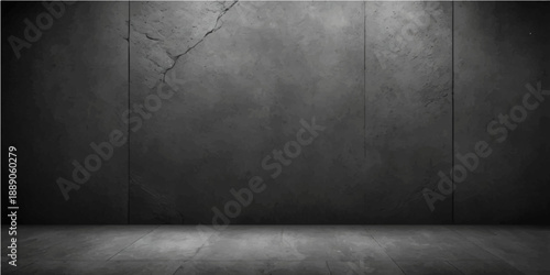 Dark aged interior featuring a textured grunge concrete wall and floor backdrop with empty urban cement space in a vintage gray stone room design