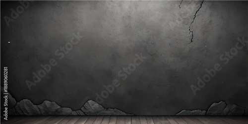 Dark aged grunge metal plate background with a textured black vintage wall pattern and a dirty gray frame design on an empty concrete surface