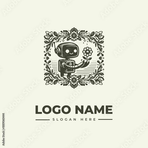 A vintage-style woodcut illustration of a robot holding a flower, surrounded by an ornate floral border, with a logo name and slogan on a beige background.