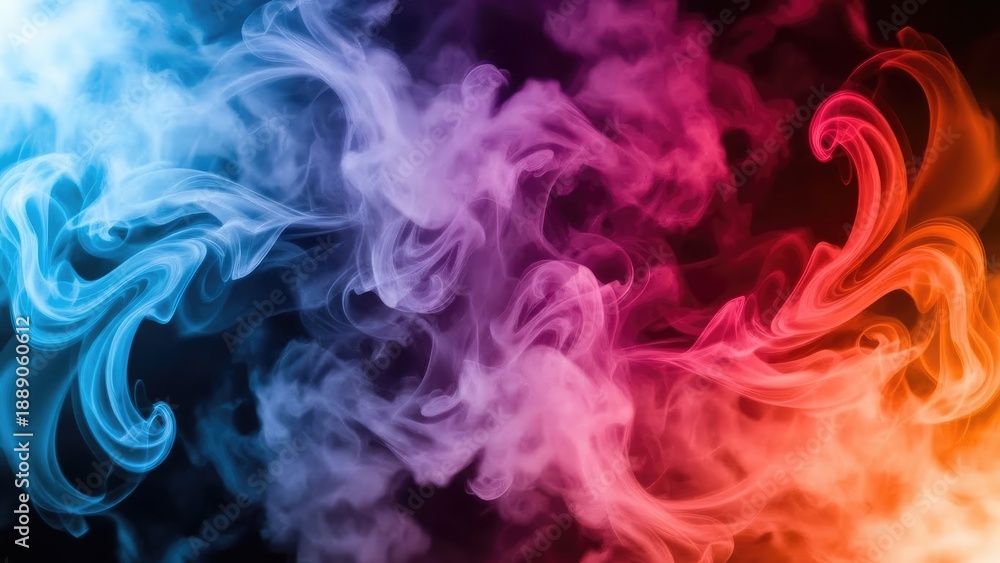 Fototapeta premium Colorful billows of smoke transition smoothly from cool blue to warm magenta and orange across a dark backdrop.