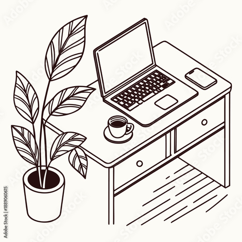 Minimalist line art workspace desk with laptop plant and coffee cup