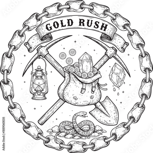 Illustration of gold rush emblem featuring pickaxes, lantern, and gemstones in a circular chain border, symbolizing mining and riches.