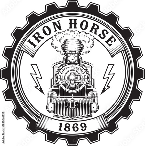 Vintage Train Engine Emblem with Lightning Bolts and Gearwheel Border Illustration