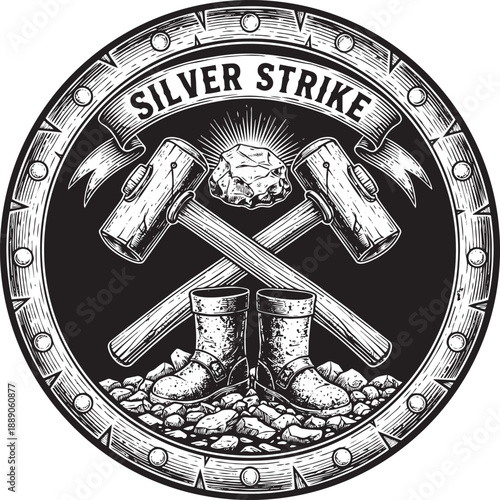 Crossed hammers and boots emblem with 'Silver Strike' banner in ornate circular frame, symbolizing mining industry unity and strength.