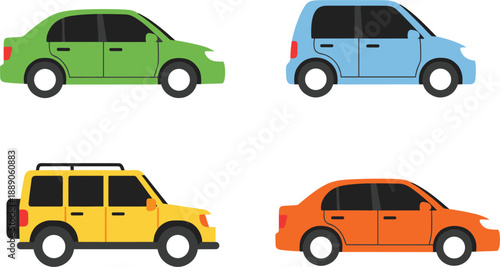 Set of flat vector car icons featuring colorful sedan, hatchback, and SUV vehicle models in side view for transportation and automotive design projects.