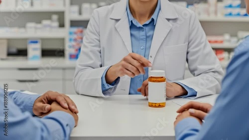 Female pharmacist explaining medication to male and female customers, showing drug bottle and giving advice in pharmacy