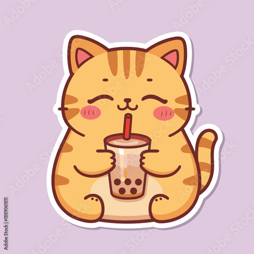 Cute cartoon cat enjoying a refreshing bubble tea drink.
