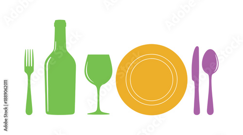A bottle, a wineglass, a plate, a knife, a fork, and a spoon all isolated on a white background

