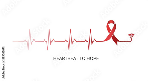 Red ribbon on ecg heartbeat line with 'heartbeat to hope' text on white background symbolizing health and awareness
