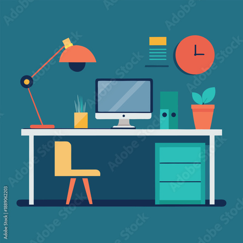 Modern home office workspace illustration with desk computer and decor