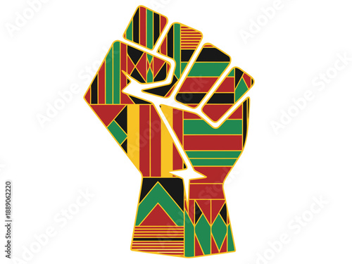 Bold graphic featuring a raised Black fist overlaid with a vibrant, patterned background celebrating Black History Month. Strong, impactful design for marketing and educational materials.