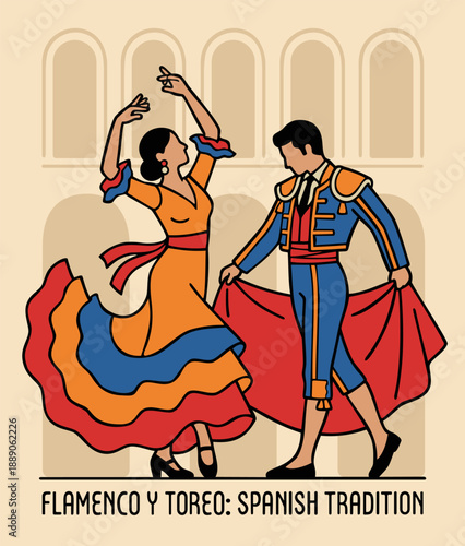 Flamenco dancer and toreador. Spanish traditions. Vector illustration