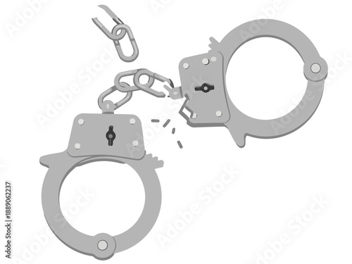 Broken handcuffs symbolize freedom and liberation. A stark image conveying a message of breaking chains and reclaiming liberty. Modern, graphic style.