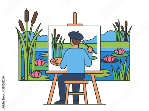 An artist paints a wetland landscape, capturing serene beauty. A male painter works at an easel, creating a vibrant scene.  Ideal for nature, art, and lifestyle visuals.