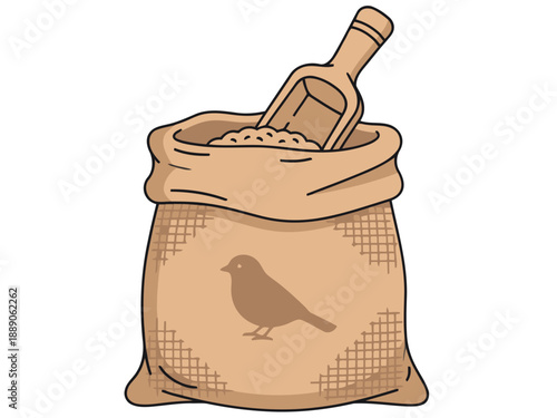 A burlap sack overflows with organic bird seed, a scoop resting beside it. A bird emblem is visible. Perfect for nature, wildlife, and bird feeding themes.