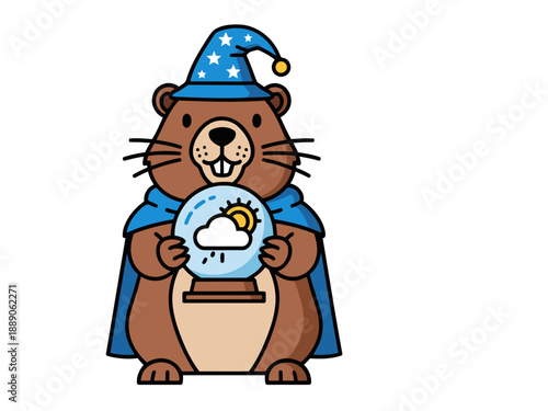 A charming groundhog holds a weather globe, predicting success! This cute illustration is perfect for weather-related themes and promotions.