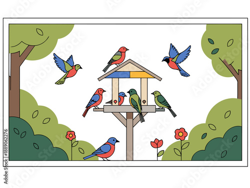 A charming window view depicts a colorful bird feeder attracting vibrant birds amidst a lush, green forest setting. A delightful, stylized illustration perfect for nature and wildlife themes.
