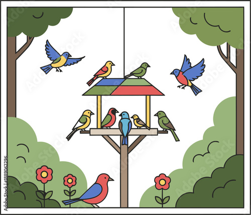 A charming window view showcases a colorful bird feeder attracting vibrant birds amidst a lush green forest backdrop. Perfect for nature, wildlife, or seasonal themes.