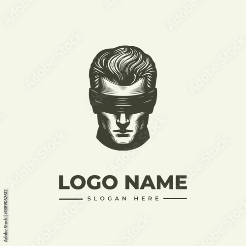 A vintage engraving style logo featuring a man's head with a blindfold, accompanied by a logo name and slogan on a clean white background.
