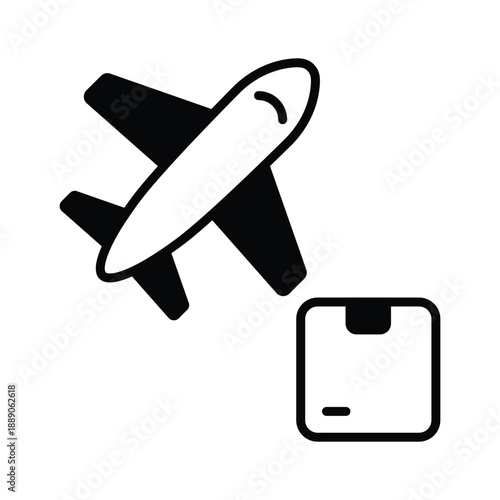 A premium glyph icon showing air cargo delivery service.