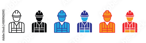 Vector illustration icon collection of six construction workers in different colored uniforms and hard hats