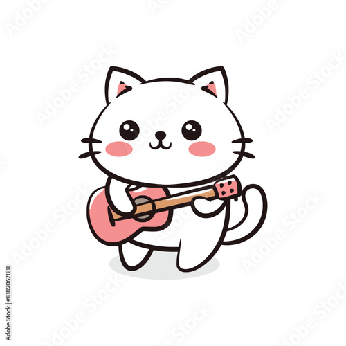 Cute Musician Cat Character Playing an Acoustic Guitar.