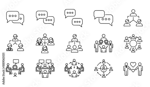 Human interaction line icon set with communication and social symbols
