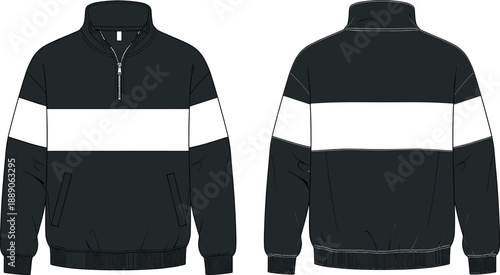 Black and white sports jacket mockup technical sketch with quarter zip and contrast panel for apparel design templates