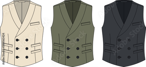 Technical fashion flat sketch of a men's double breasted waistcoat vest with lapels and multiple color options set