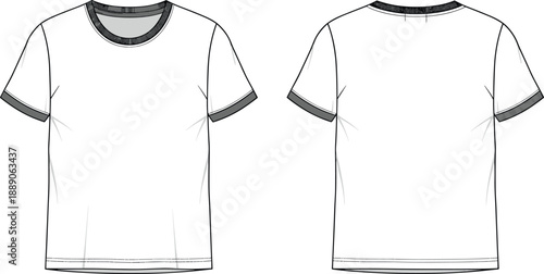 Technical fashion flat sketch of a basic white crew neck ringer t-shirt with grey ribbed collar and cuffs