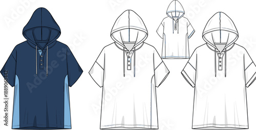 Technical fashion flat sketch of a men's short sleeve hooded henley t-shirt with buttons and a drawstring hood
