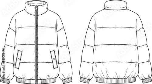 Technical fashion illustration of a puffer jacket with front and back views for winter apparel design and manufacturing