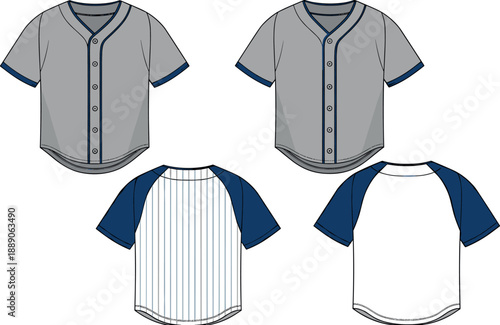 Technical fashion sketch of short sleeve baseball jersey uniforms featuring button down front and pinstripe raglan sleeve designs,