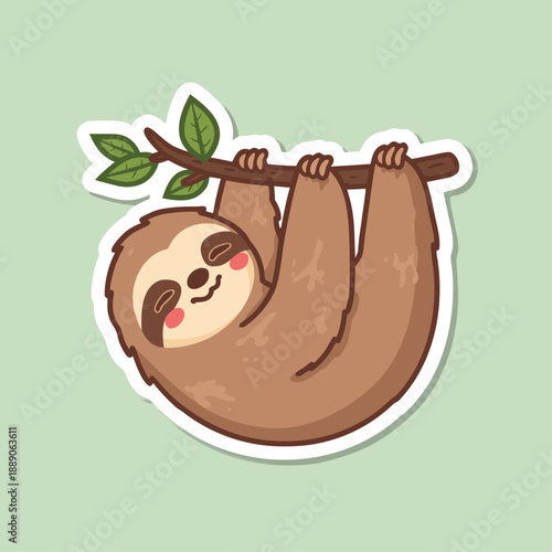 Cute cartoon sloth hanging upside down on a tree branch sticker.